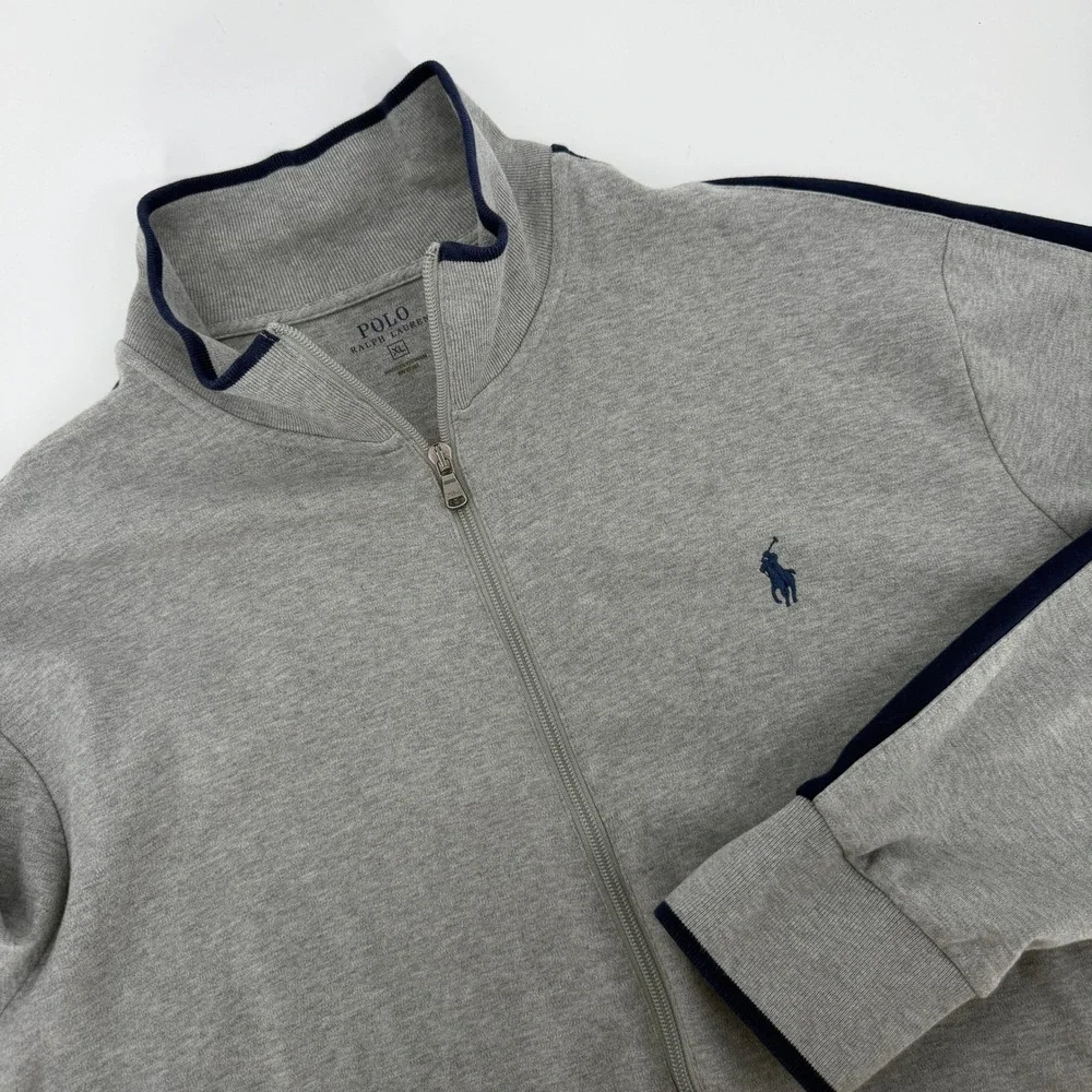 Polo Ralph Lauren Men Gray Full Zip Track Jacket XL Navy Stripe Cotton RN41381